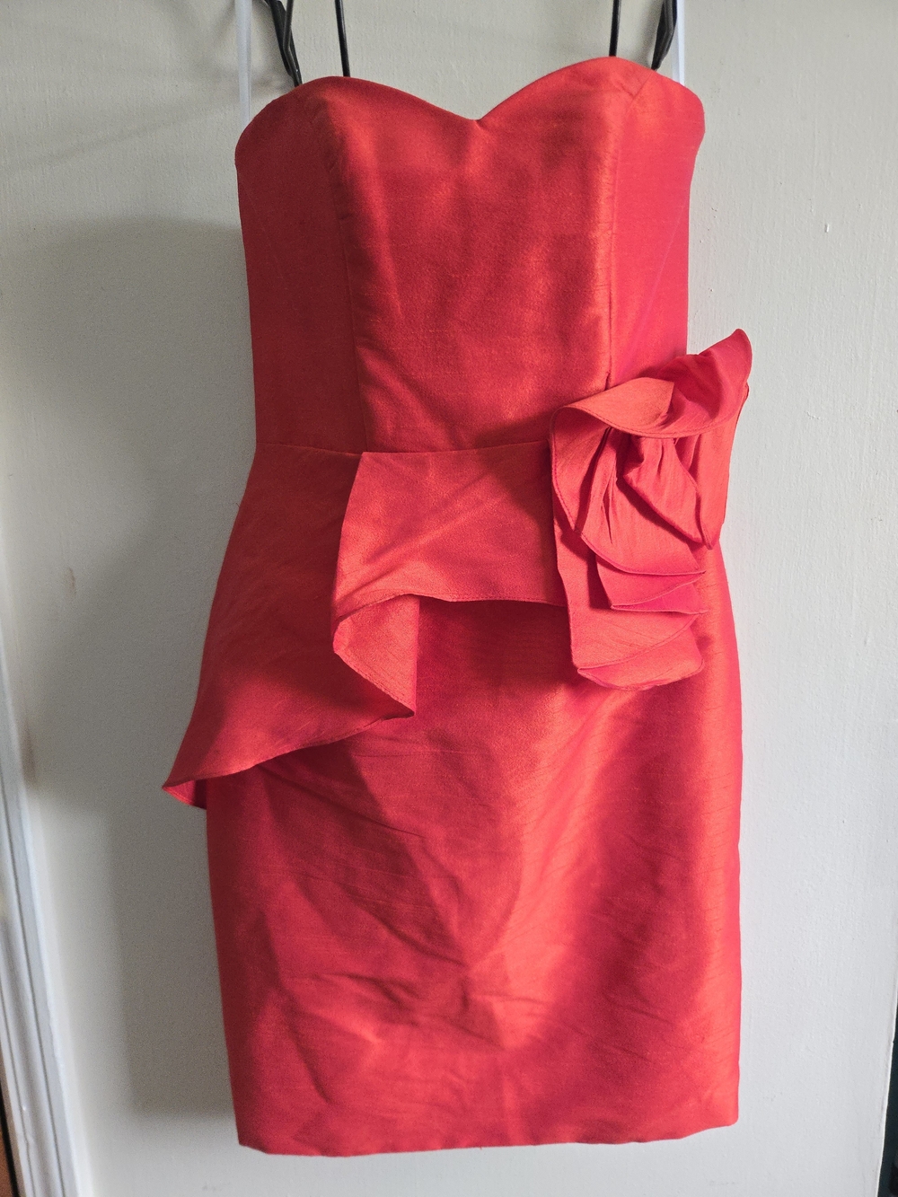 Strapless Red Shantung Peplum Cocktail Dress
